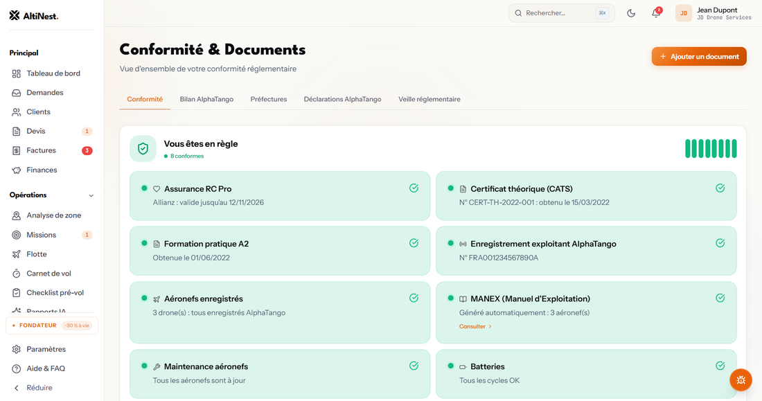 Le tableau de conformité : titres, assurance et échéances, avec les alertes.