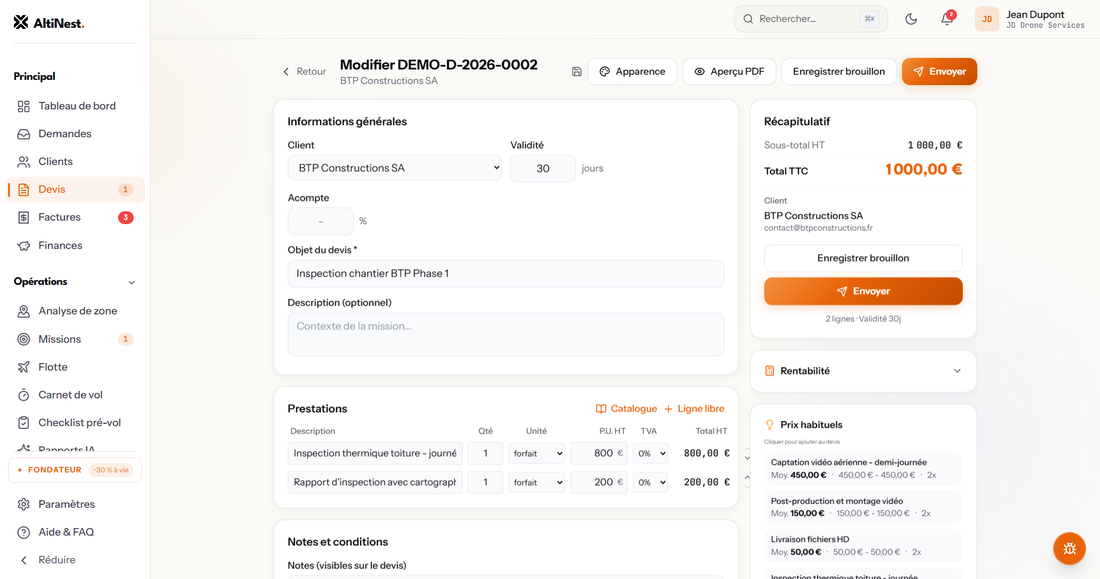 L'éditeur de devis : catalogue, récapitulatif en direct et rappel de vos prix habituels.