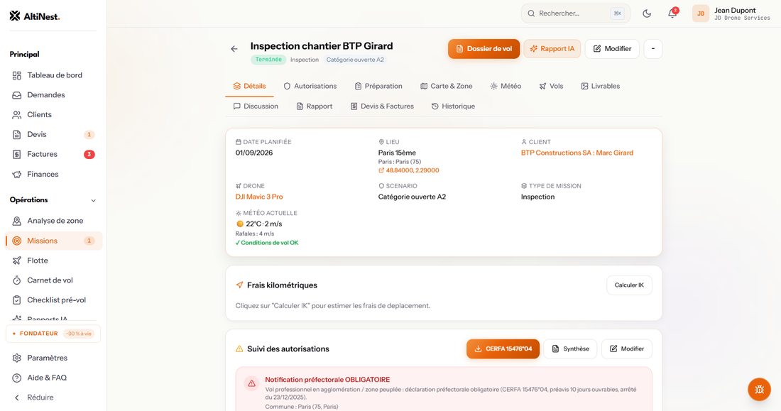 Le détail d'une mission d'inspection : client, drone, scénario, météo du créneau et suivi des autorisations.