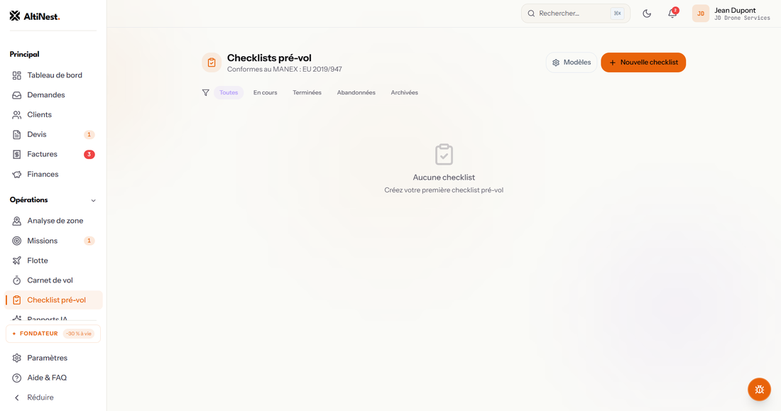 La checklist pré-vol, remplie sur le terrain et rattachée à la mission.