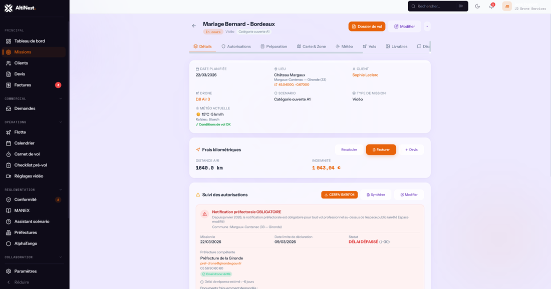 Interface AltiNest — détail d'une mission avec météo, frais kilométriques et suivi des autorisations préfectorales